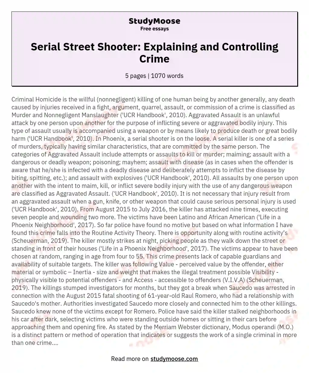 Serial Street Shooter: Explaining and Controlling Crime essay