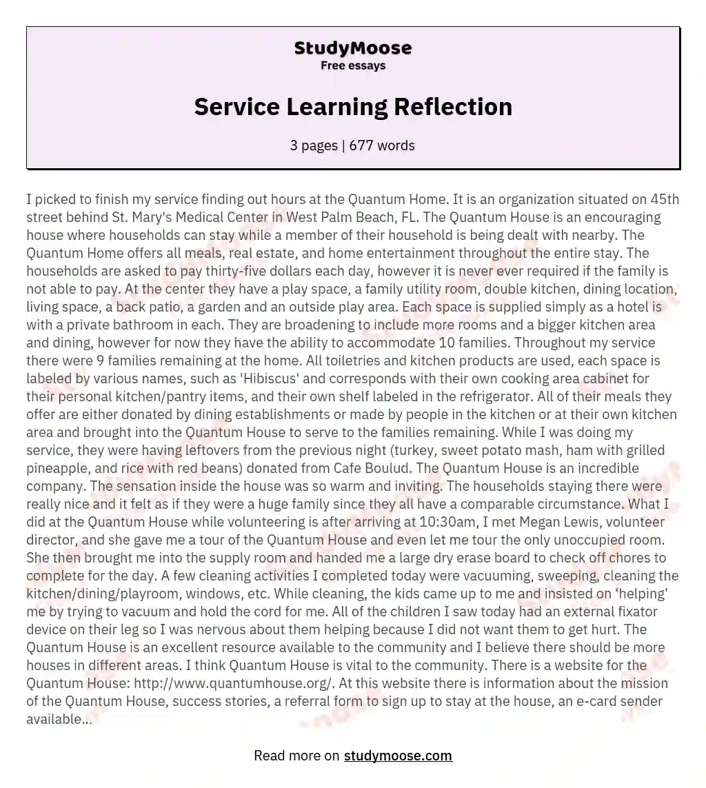 Service Learning Reflection essay