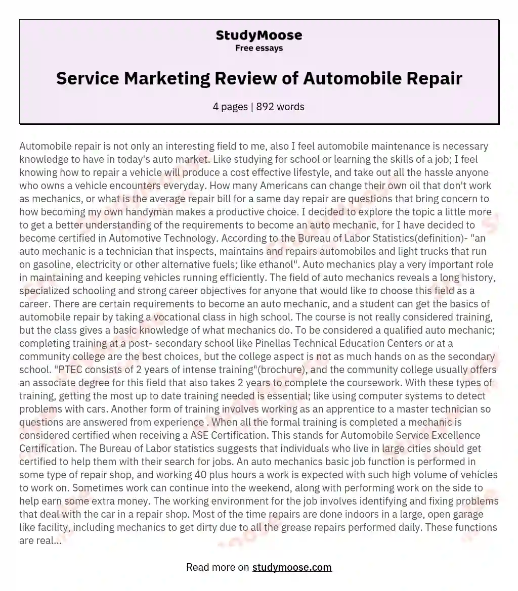 Service Marketing Review of Automobile Repair essay