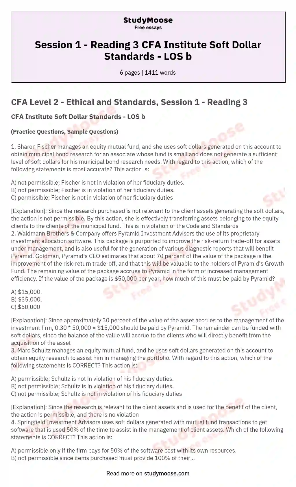 Session 1 - Reading 3 CFA Institute Soft Dollar Standards - LOS b essay