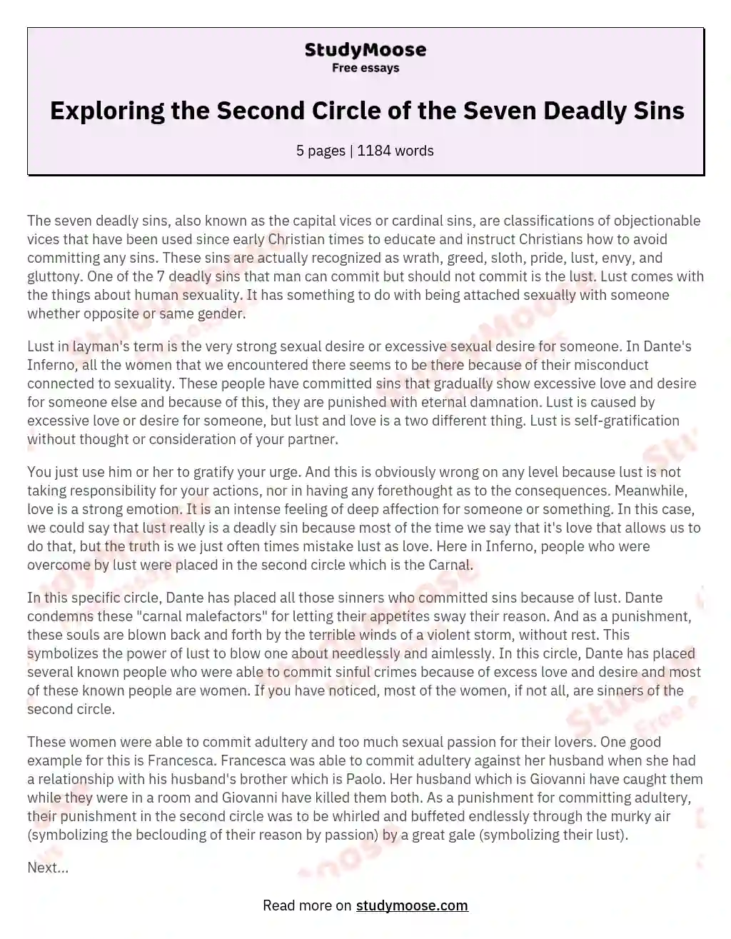 Exploring the Second Circle of the Seven Deadly Sins essay