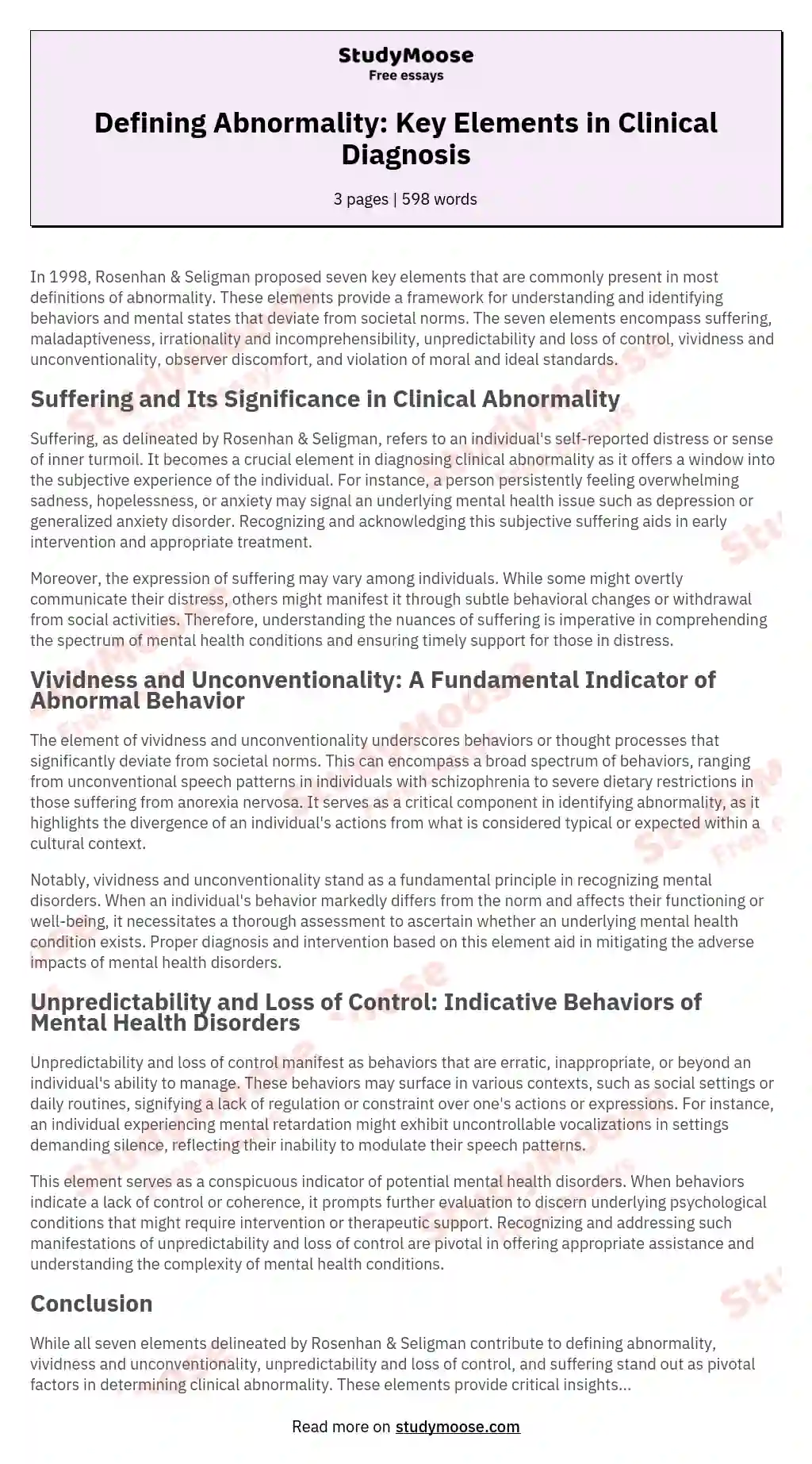 Defining Abnormality: Key Elements in Clinical Diagnosis essay