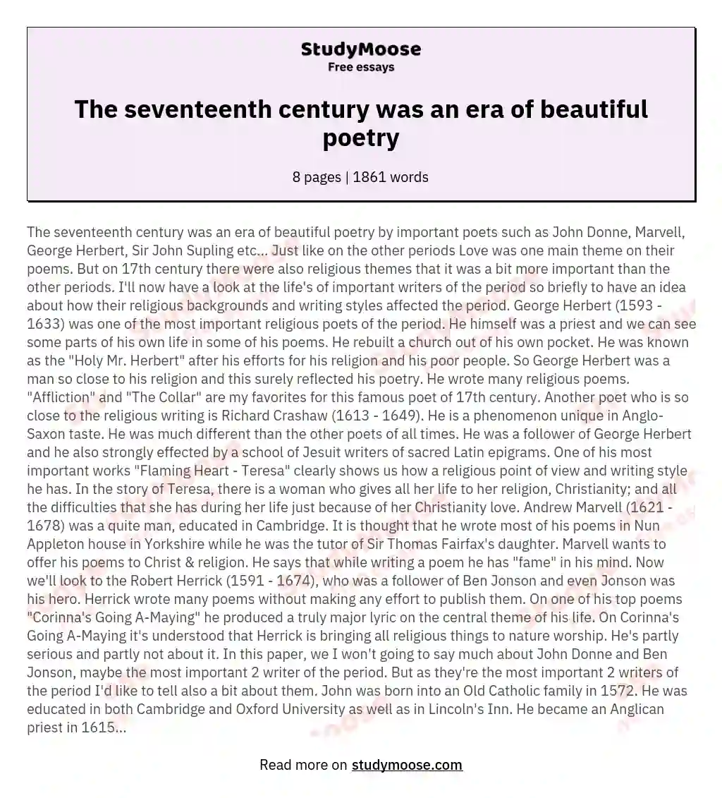 The seventeenth century was an era of beautiful poetry essay