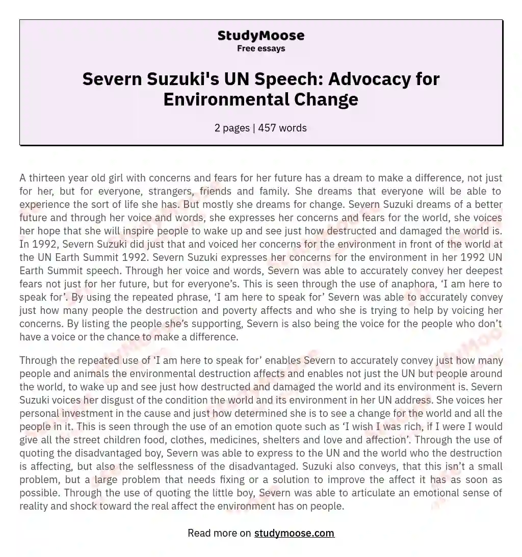 Severn Suzuki's UN Speech: Advocacy for Environmental Change essay