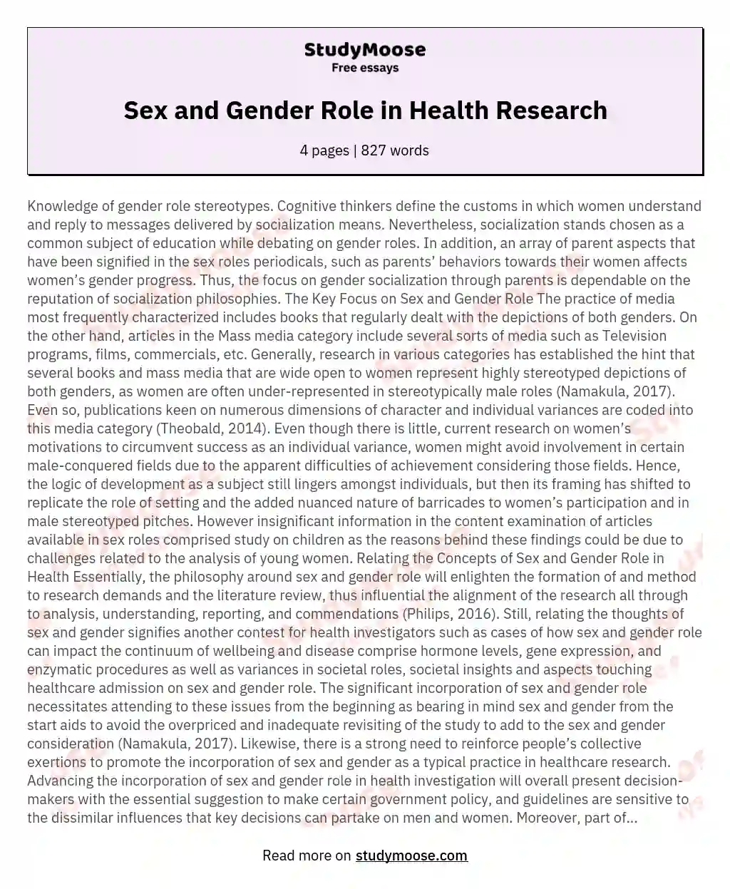Sex and Gender Role in Health Research essay