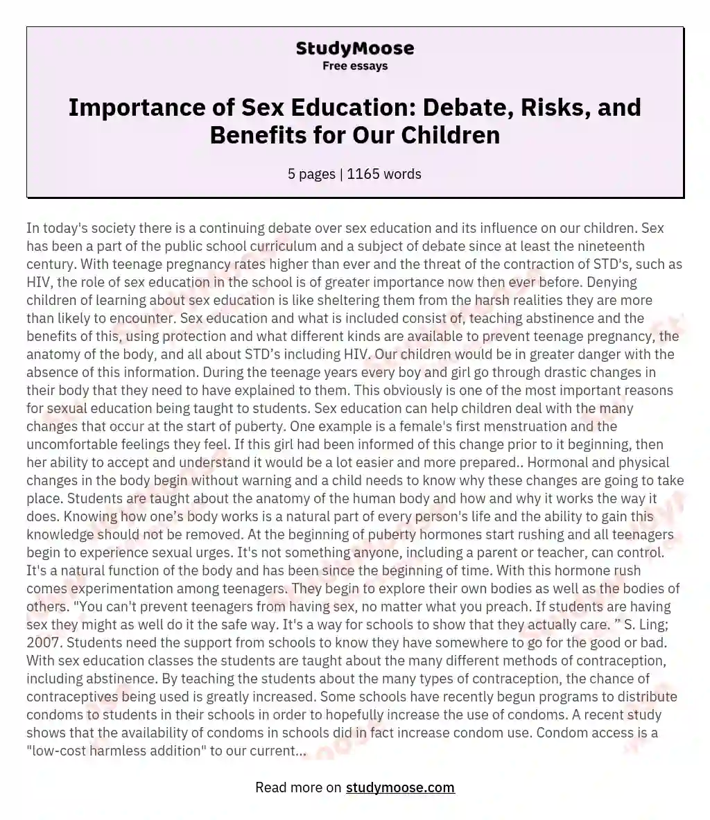 Importance of Sex Education: Debate, Risks, and Benefits for Our Children essay