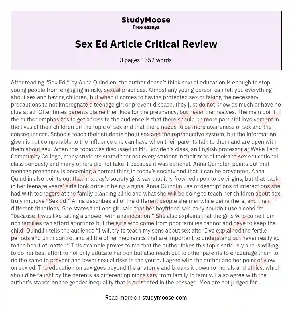 Sex Ed Article Critical Review essay