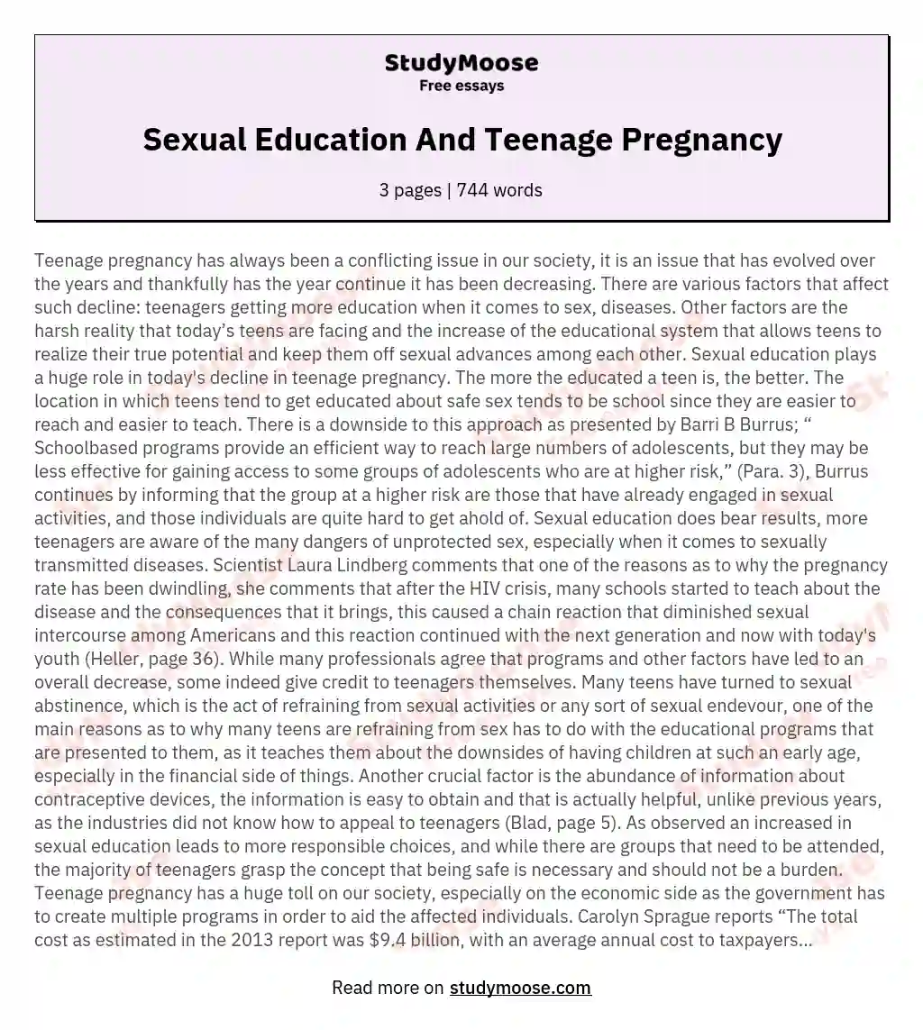 Sexual Education And Teenage Pregnancy essay