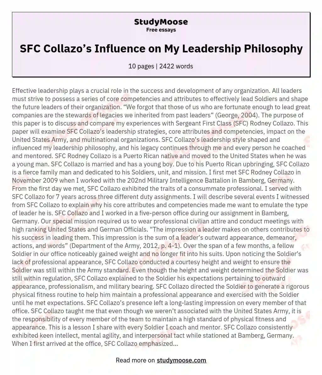 SFC Collazo’s Influence on My Leadership Philosophy essay