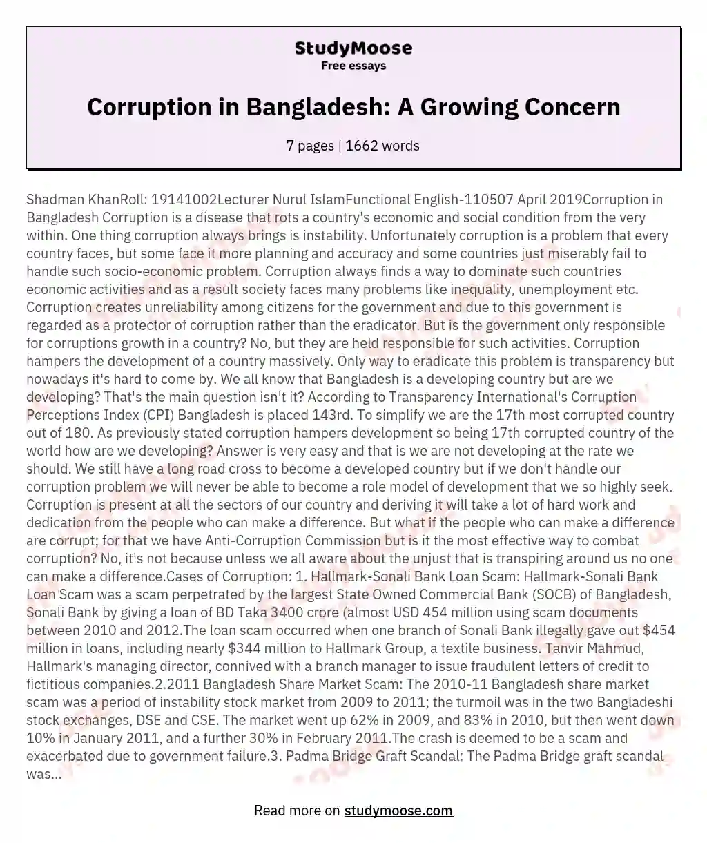 Shadman KhanRoll 19141002Lecturer Nurul IslamFunctional English110507 April 2019Corruption in Bangladesh Corruption is a