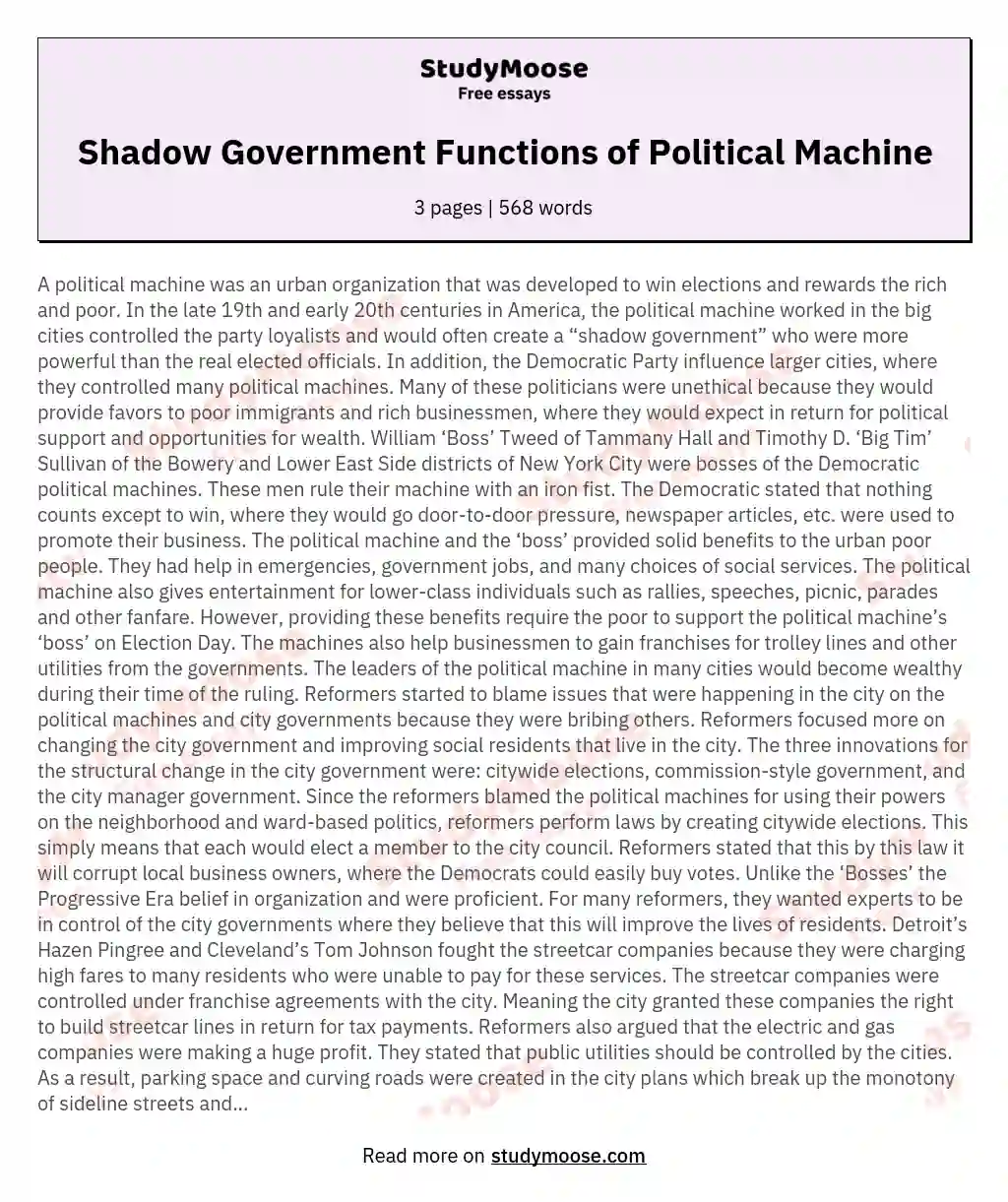Shadow Government Functions of Political Machine essay