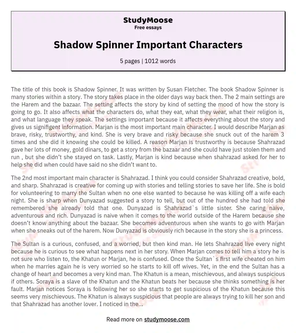 Shadow Spinner Important Characters essay