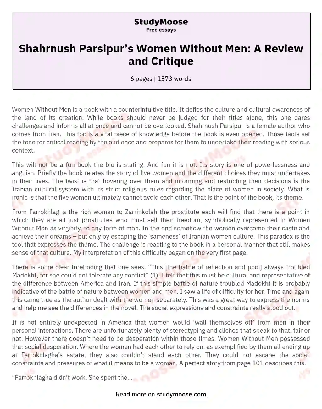 Shahrnush Parsipur’s Women Without Men: A Review and Critique essay