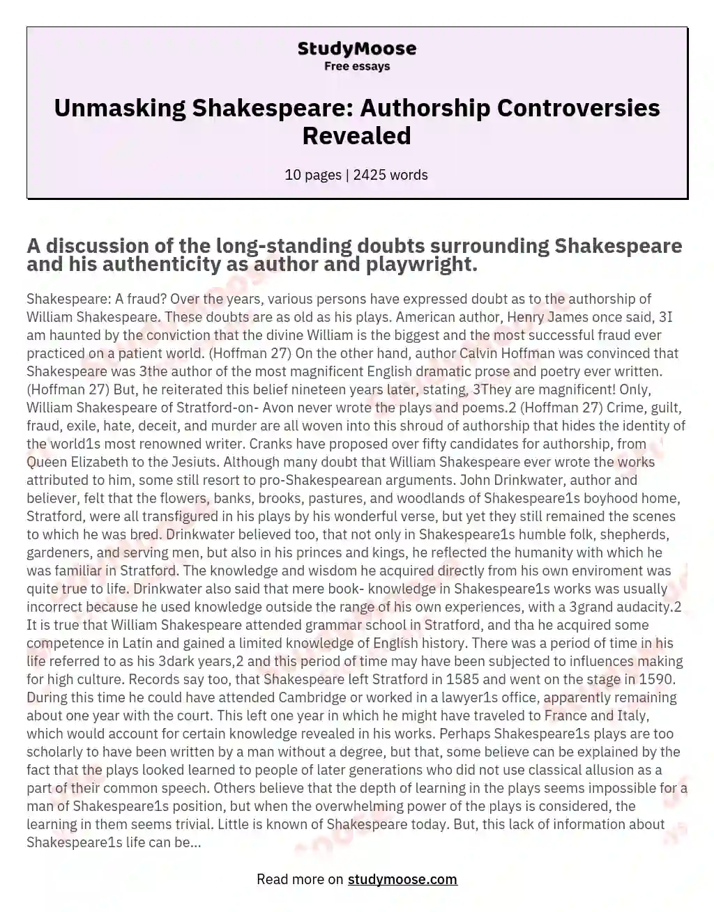 Unmasking Shakespeare: Authorship Controversies Revealed essay