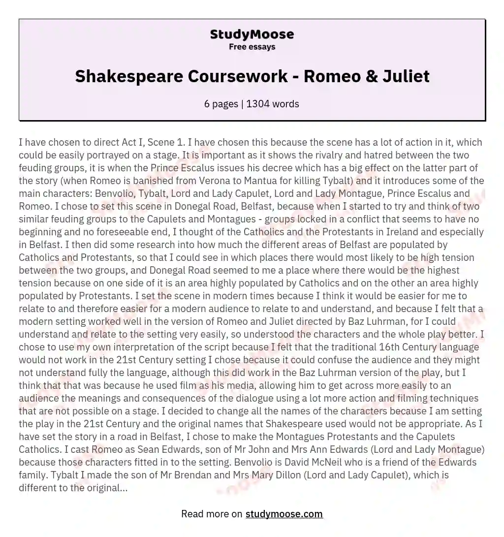 Shakespeare Coursework - Romeo &amp; Juliet essay