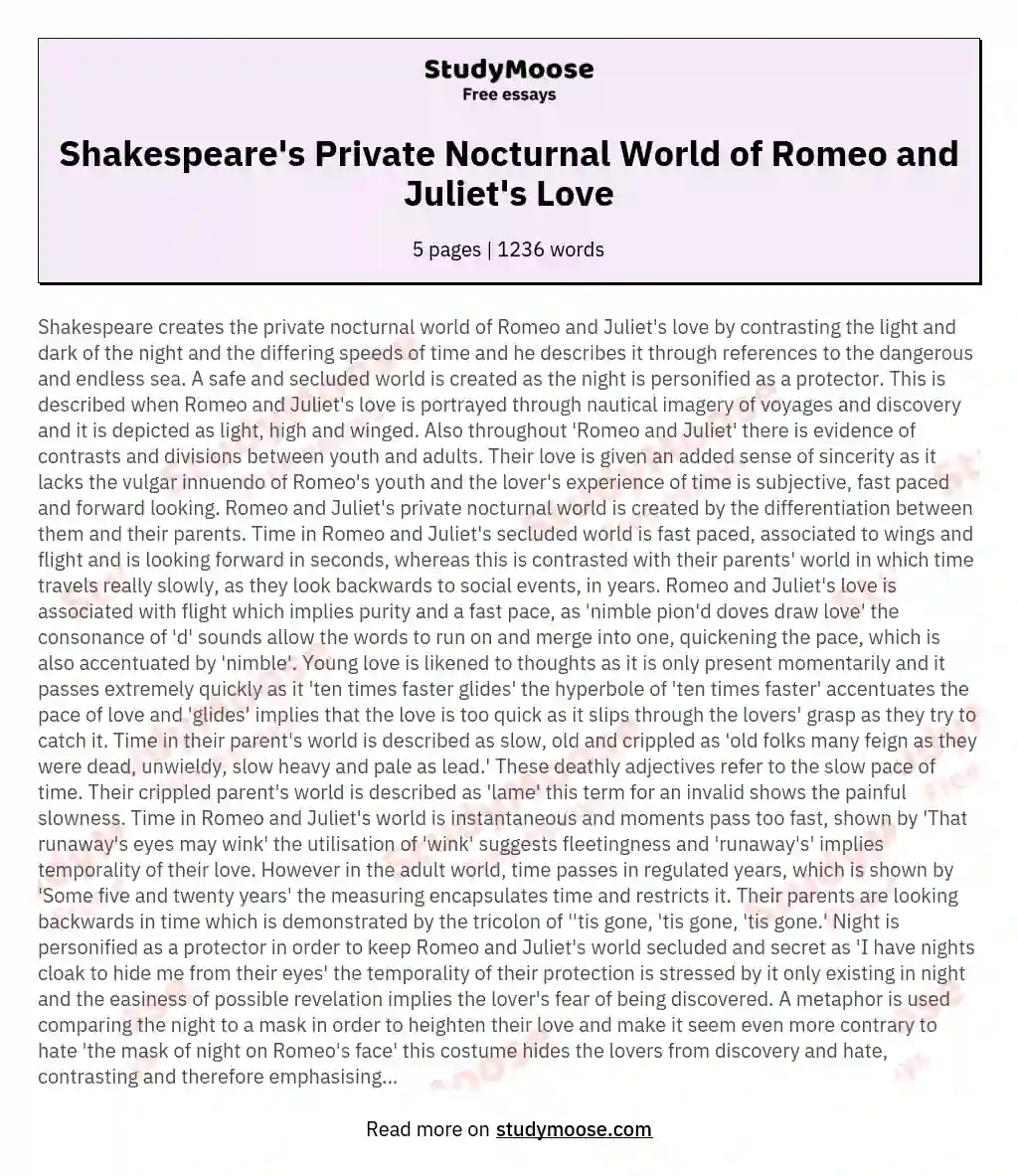 Shakespeare's Private Nocturnal World of Romeo and Juliet's Love essay