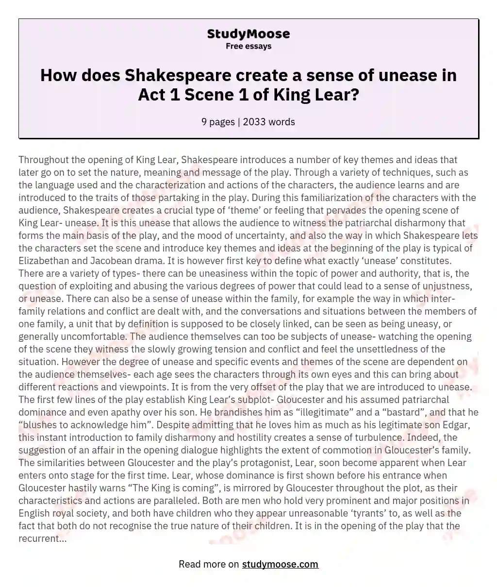 How does Shakespeare create a sense of unease in Act 1 Scene 1 of King Lear?