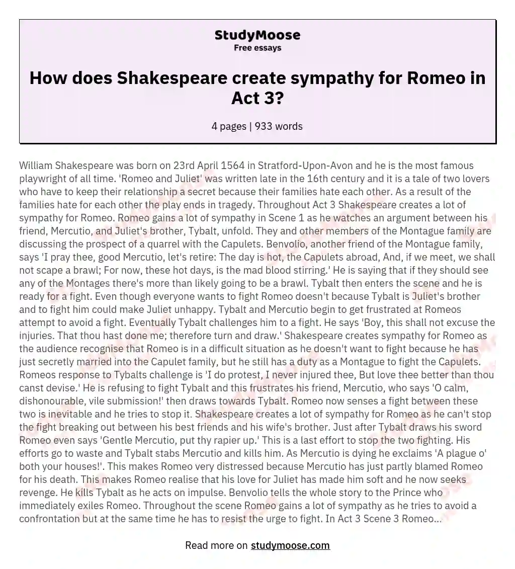 How does Shakespeare create sympathy for Romeo in Act 3?