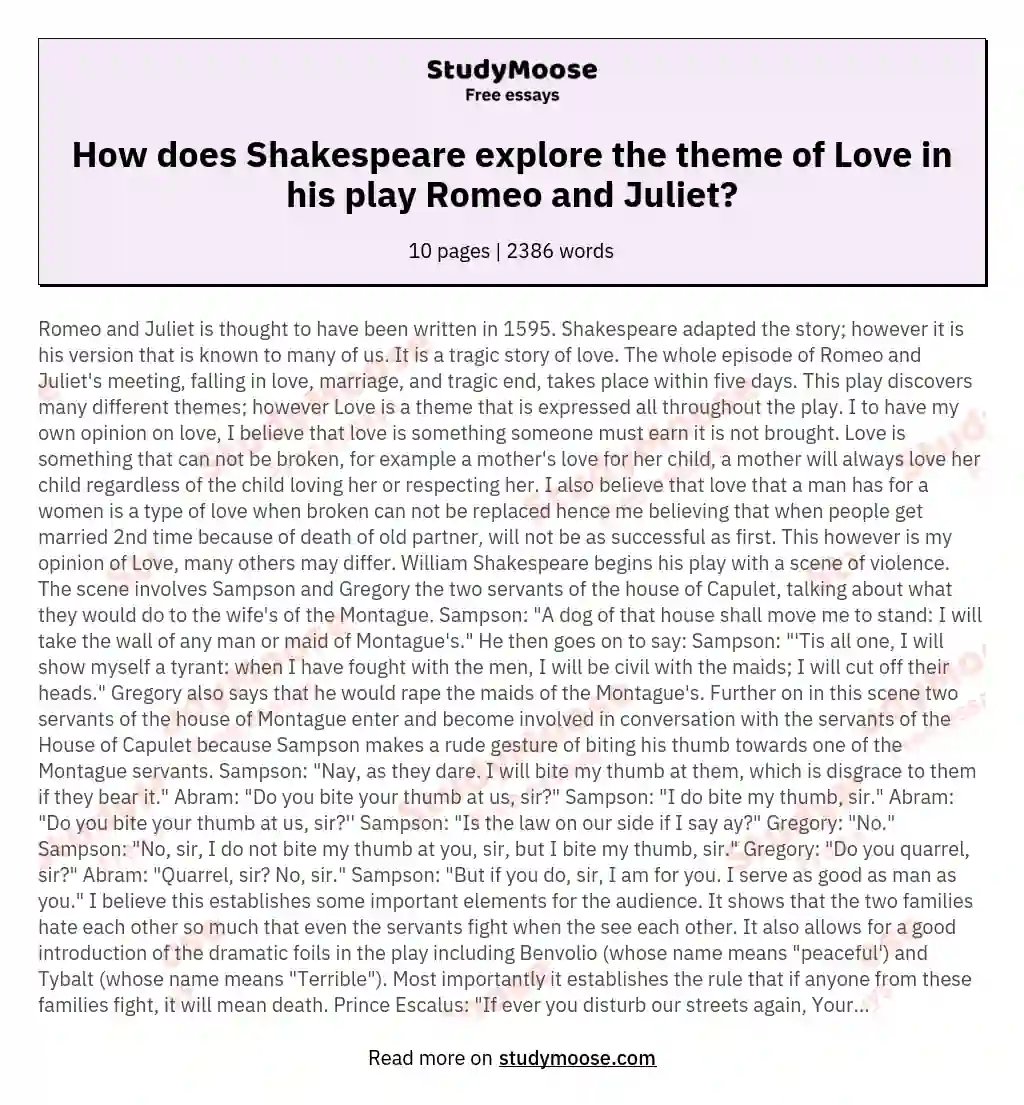 How does Shakespeare explore the theme of Love in his play Romeo and Juliet? essay