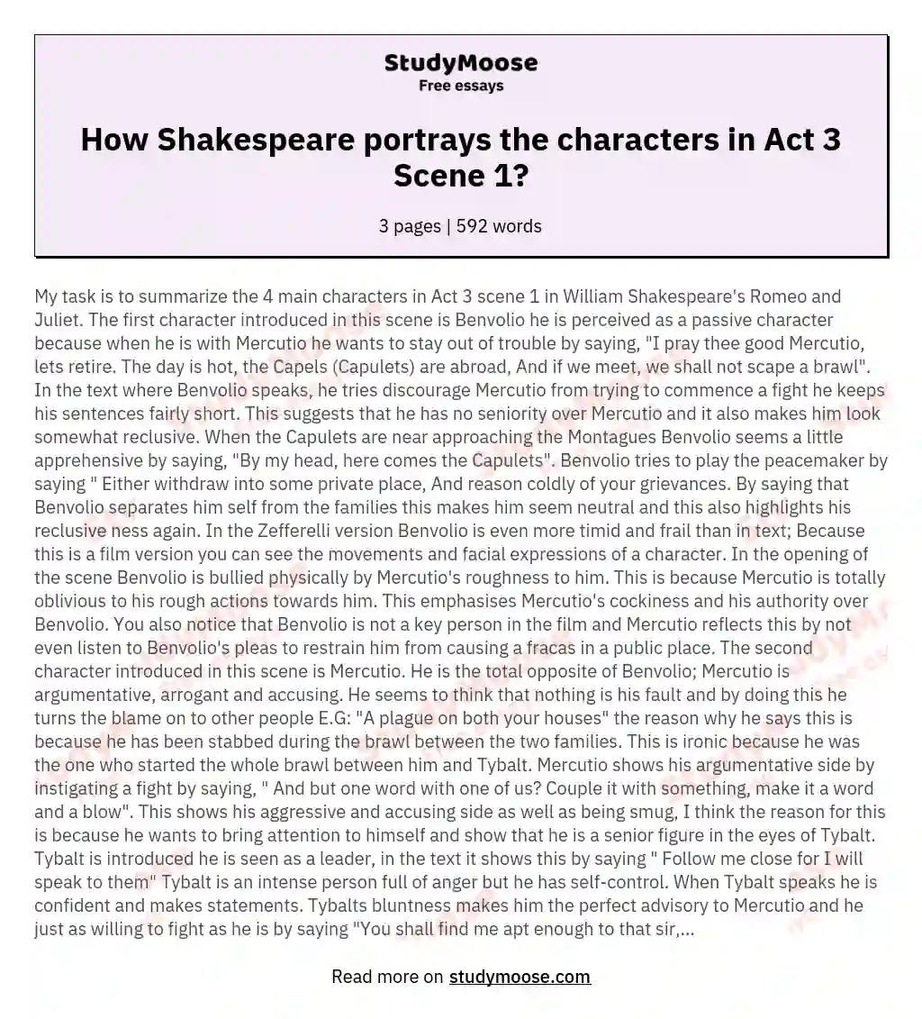 How Shakespeare portrays the characters in Act 3 Scene 1? essay