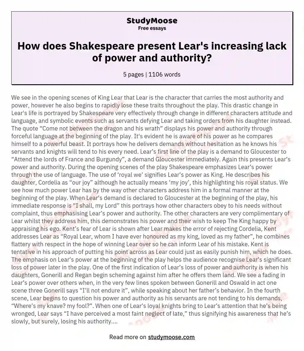 How does Shakespeare present Lear's increasing lack of power and authority? essay