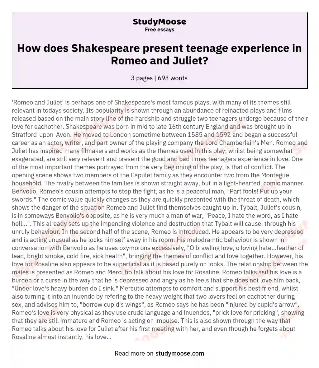How does Shakespeare present teenage experience in Romeo and Juliet? essay