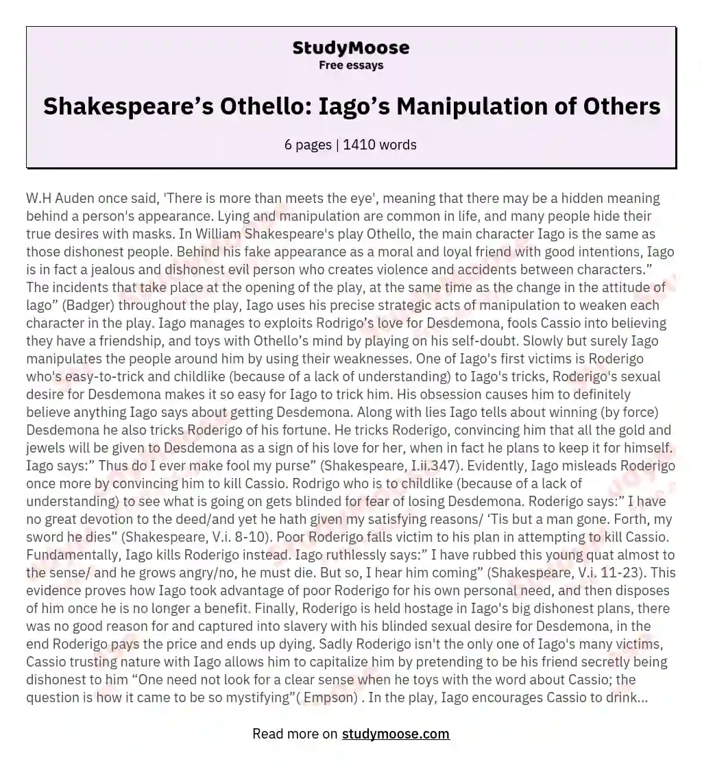 Shakespeare’s Othello: Iago’s Manipulation of Others
