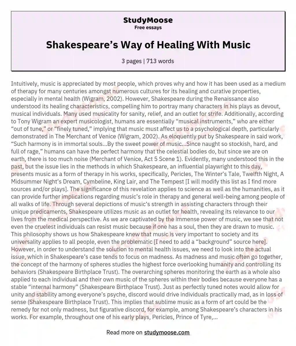 Shakespeare’s Way of Healing With Music essay