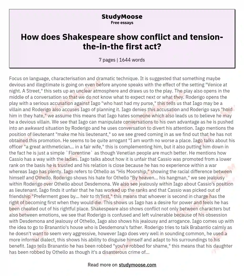 How does Shakespeare show conflict and tension-the-in-the first act? essay