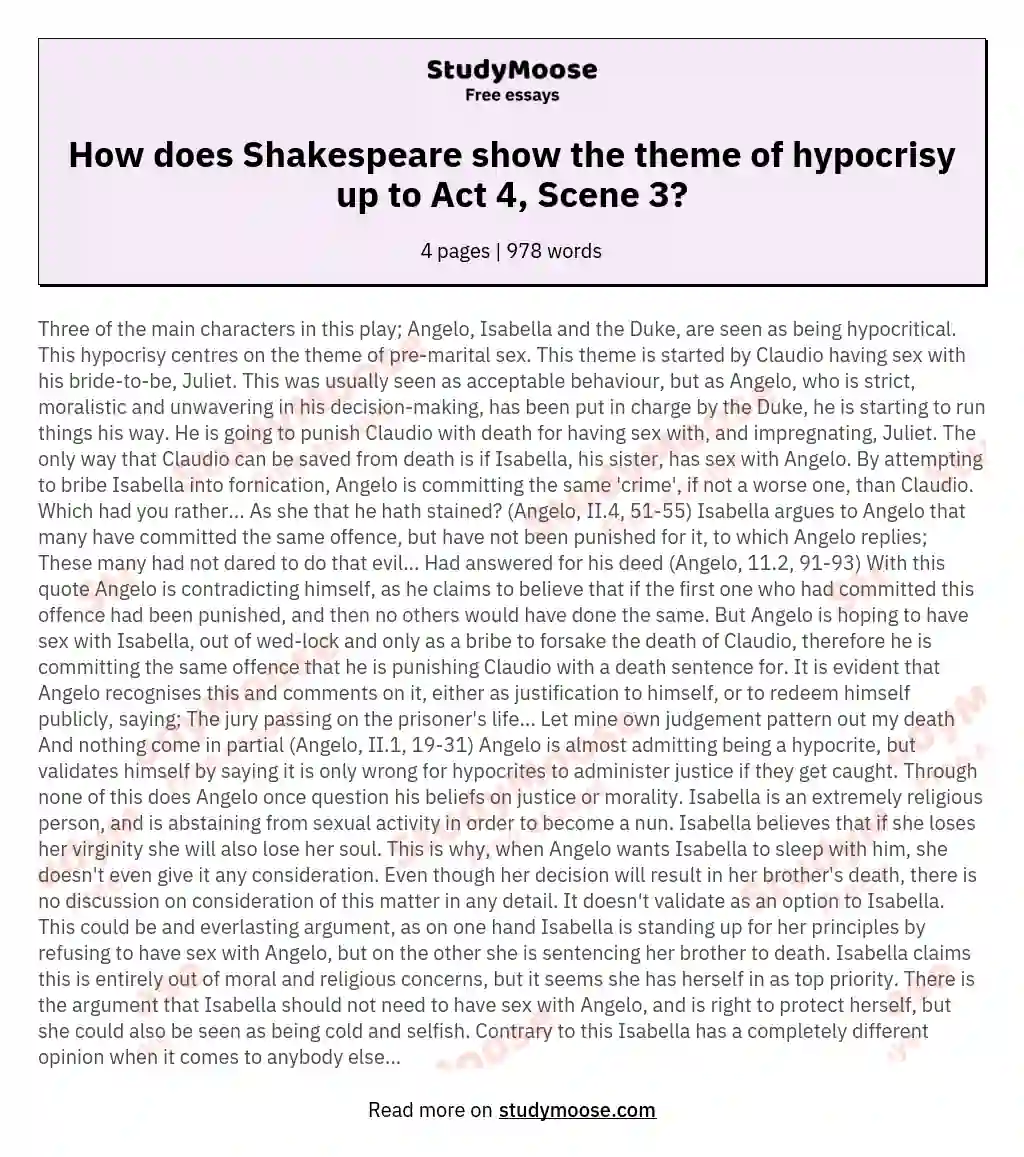 How does Shakespeare show the theme of hypocrisy up to Act 4, Scene 3?