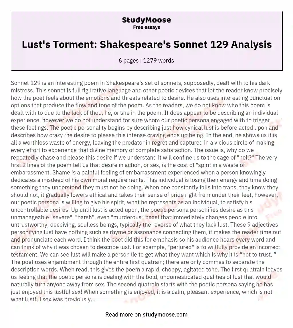 Lust's Torment: Shakespeare's Sonnet 129 Analysis essay