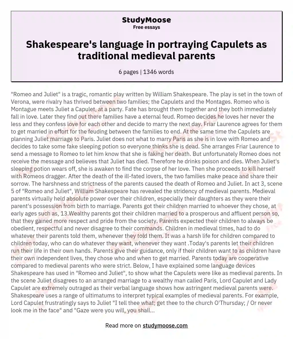 Shakespeare's language in portraying Capulets as traditional medieval parents essay