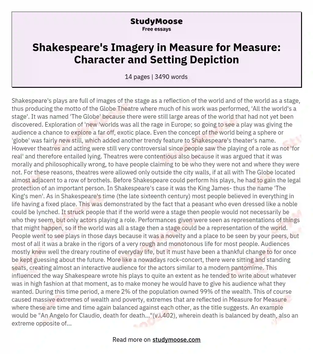 Shakespeare's Imagery in Measure for Measure: Character and Setting Depiction