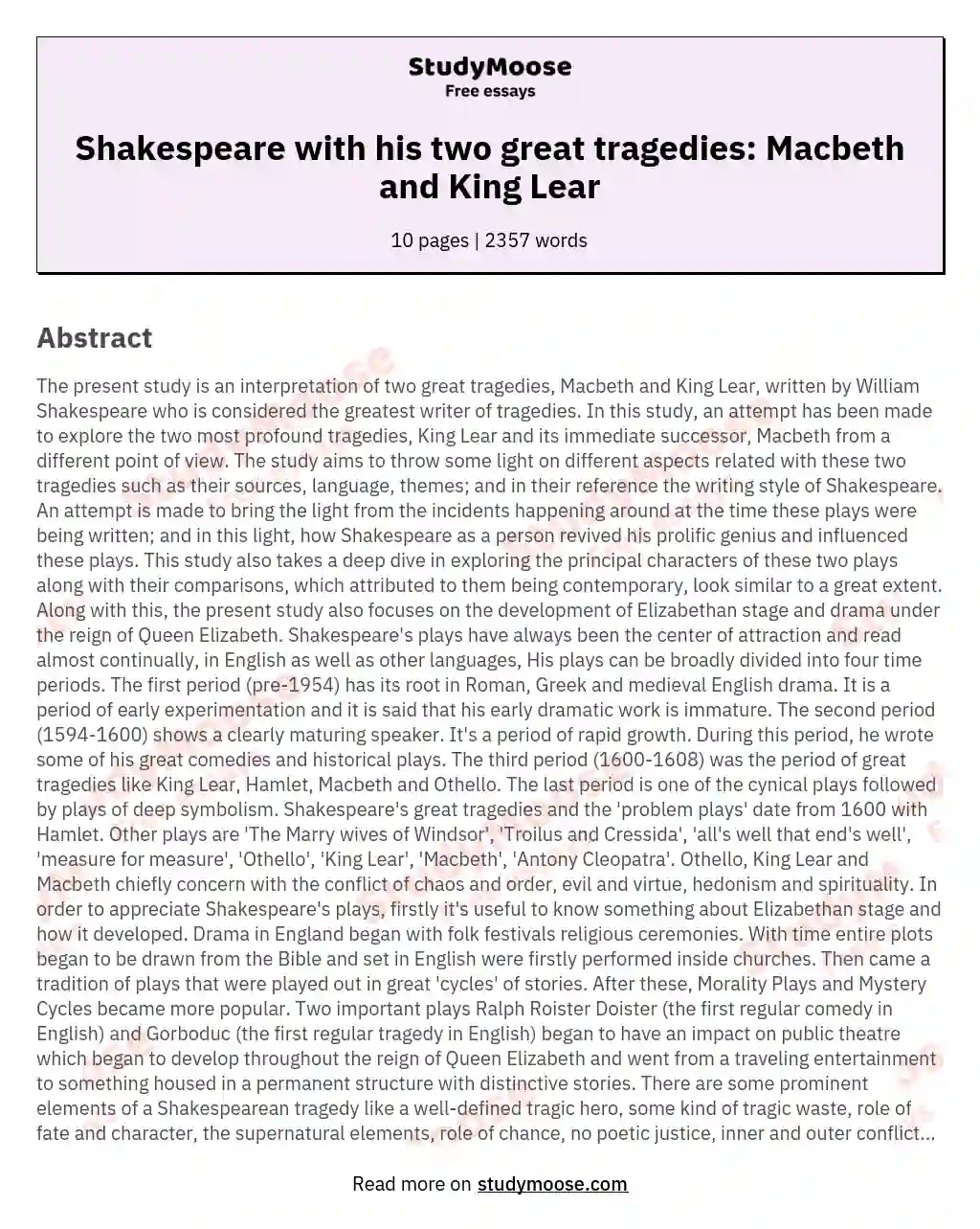 Shakespeare with his two great tragedies: Macbeth and King Lear