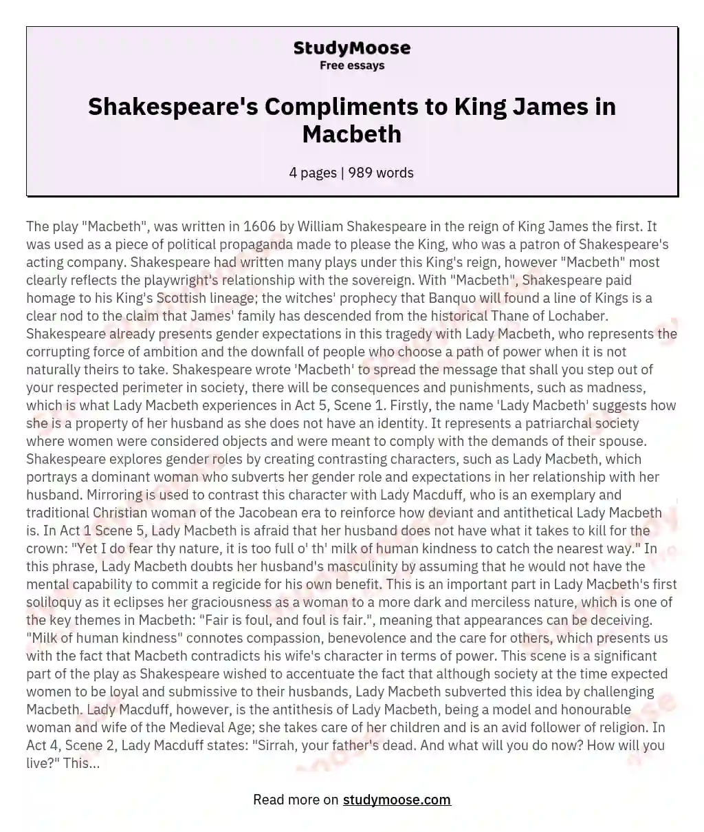 Shakespeare's Compliments to King James in Macbeth essay