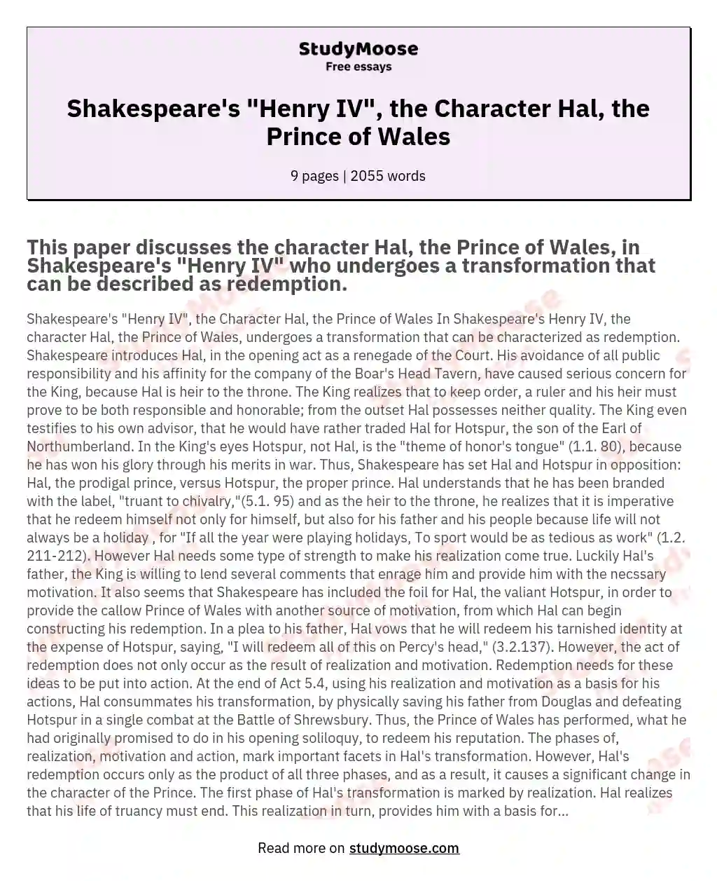 Shakespeare's "Henry IV", the Character Hal, the Prince of Wales