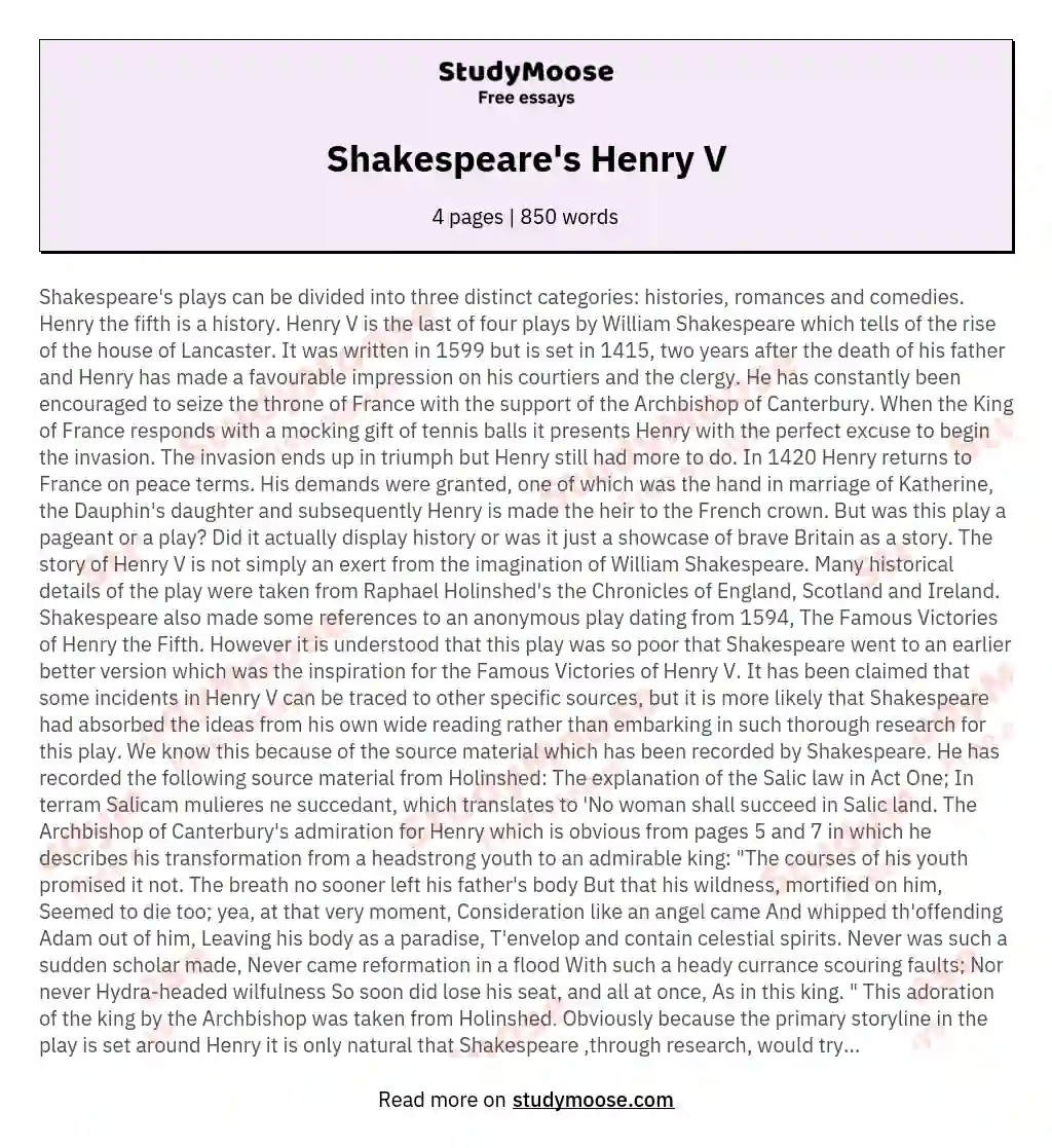 Shakespeare's Henry V essay