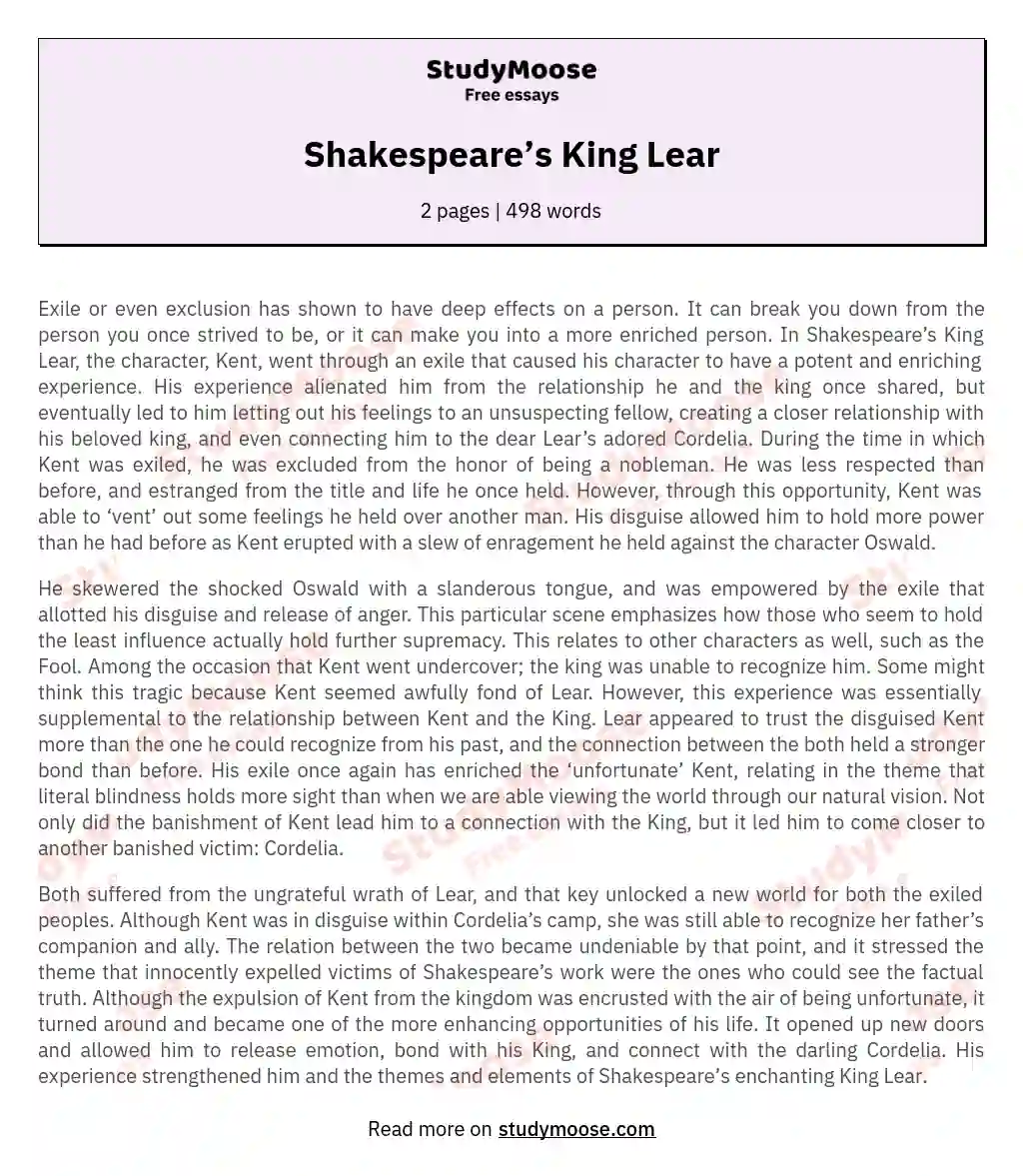 The Transformative Power of Exile in Shakespeare's King Lear essay