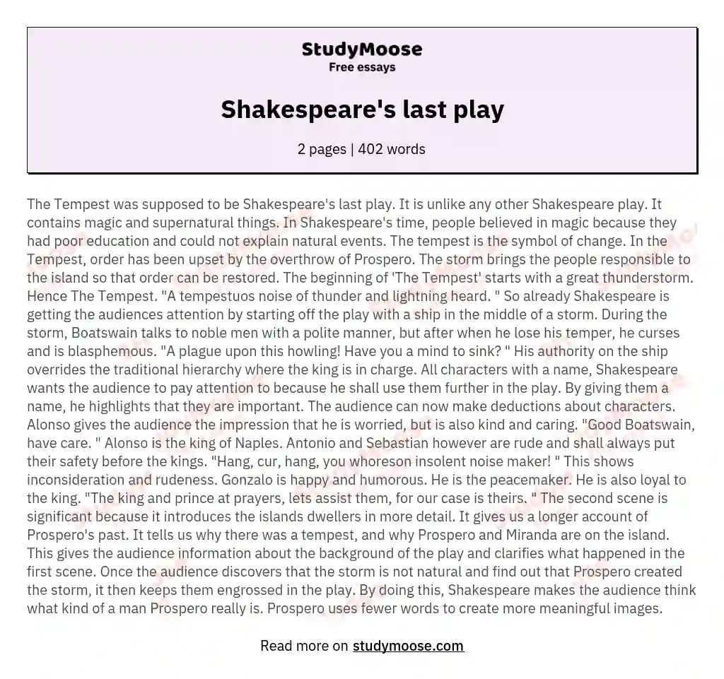 Shakespeare's last play essay