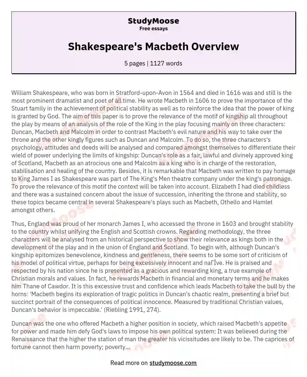 Shakespeare's Macbeth Overview essay