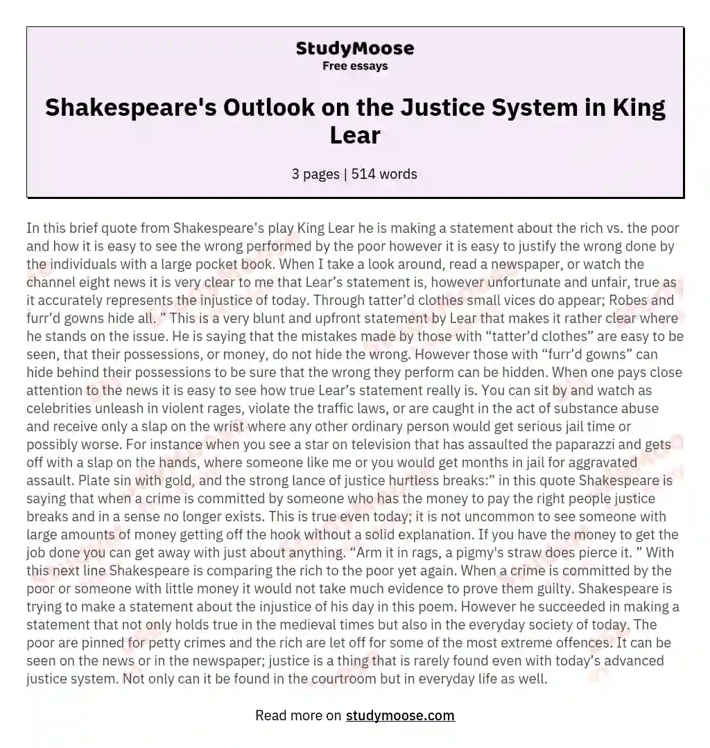 Shakespeare's Outlook on the Justice System in King Lear essay