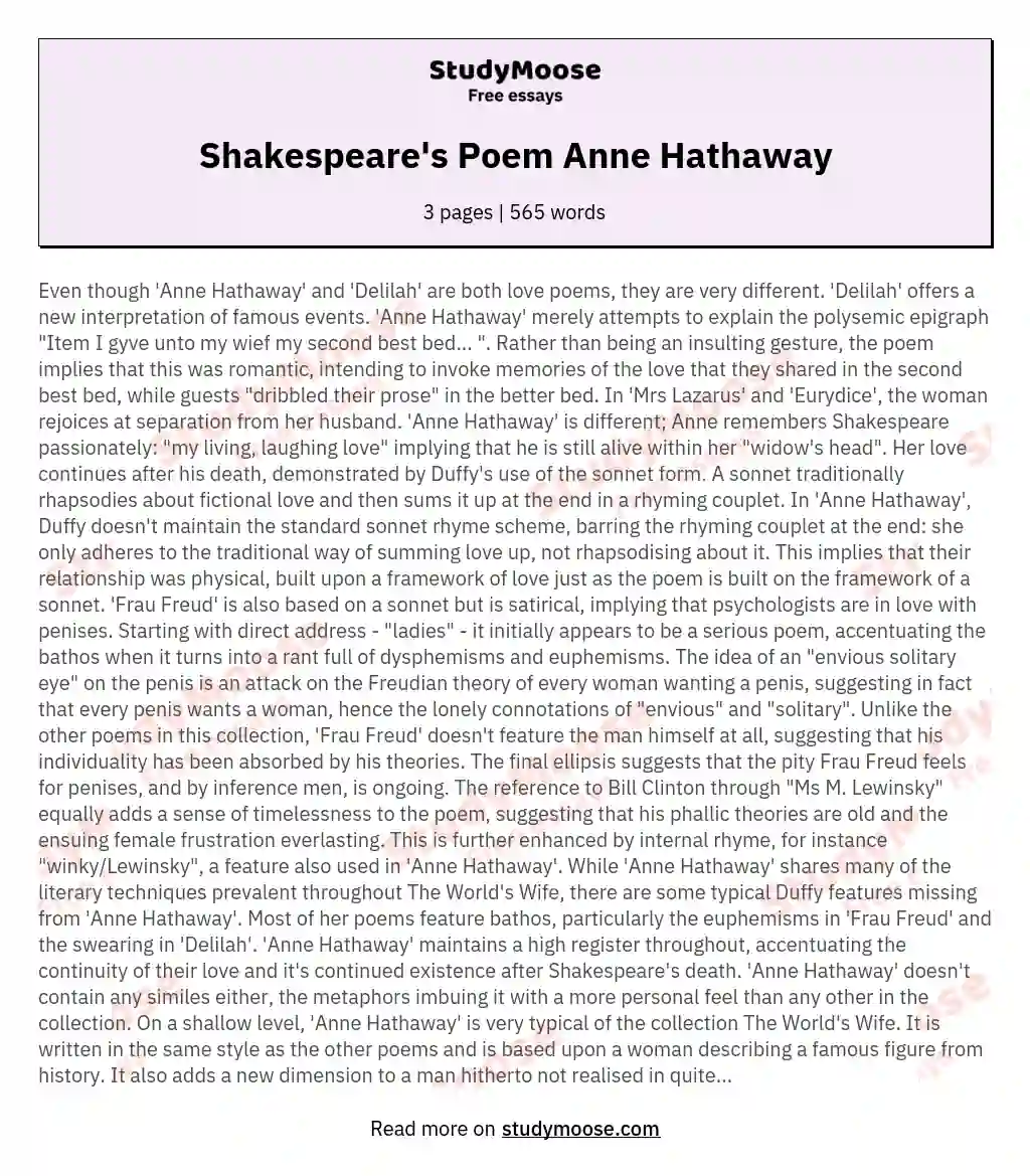 Shakespeare's Poem Anne Hathaway essay