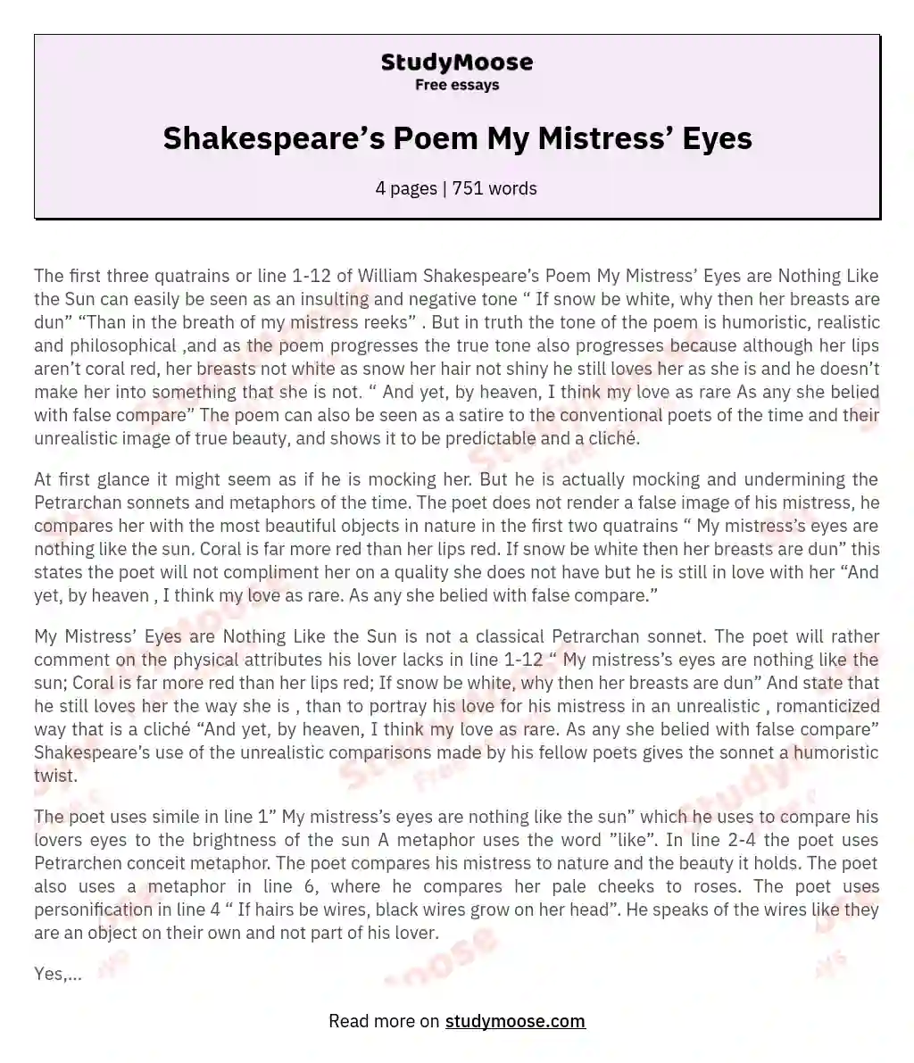 Shakespeare’s Poem My Mistress’ Eyes essay