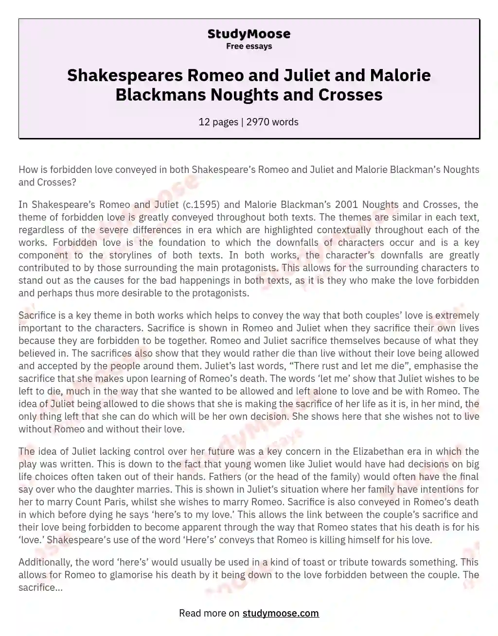 Shakespeares Romeo and Juliet and Malorie Blackmans Noughts and Crosses essay