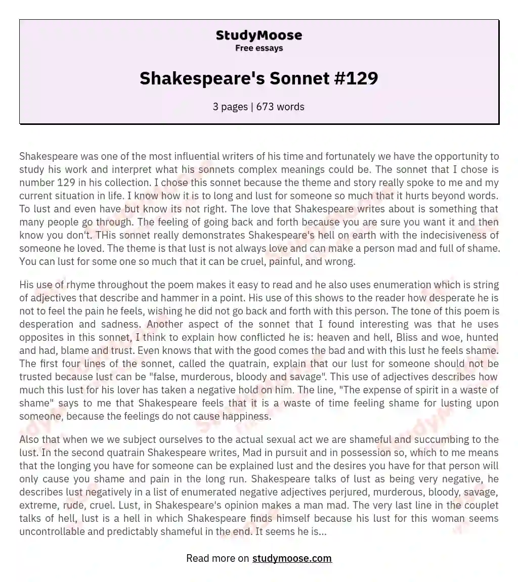 Shakespeare's Sonnet #129 essay