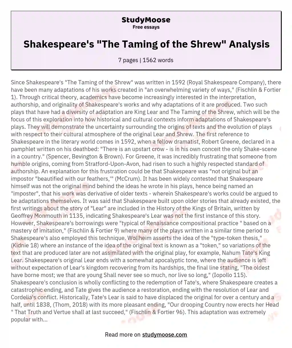 Shakespeare's "The Taming of the Shrew" Analysis essay