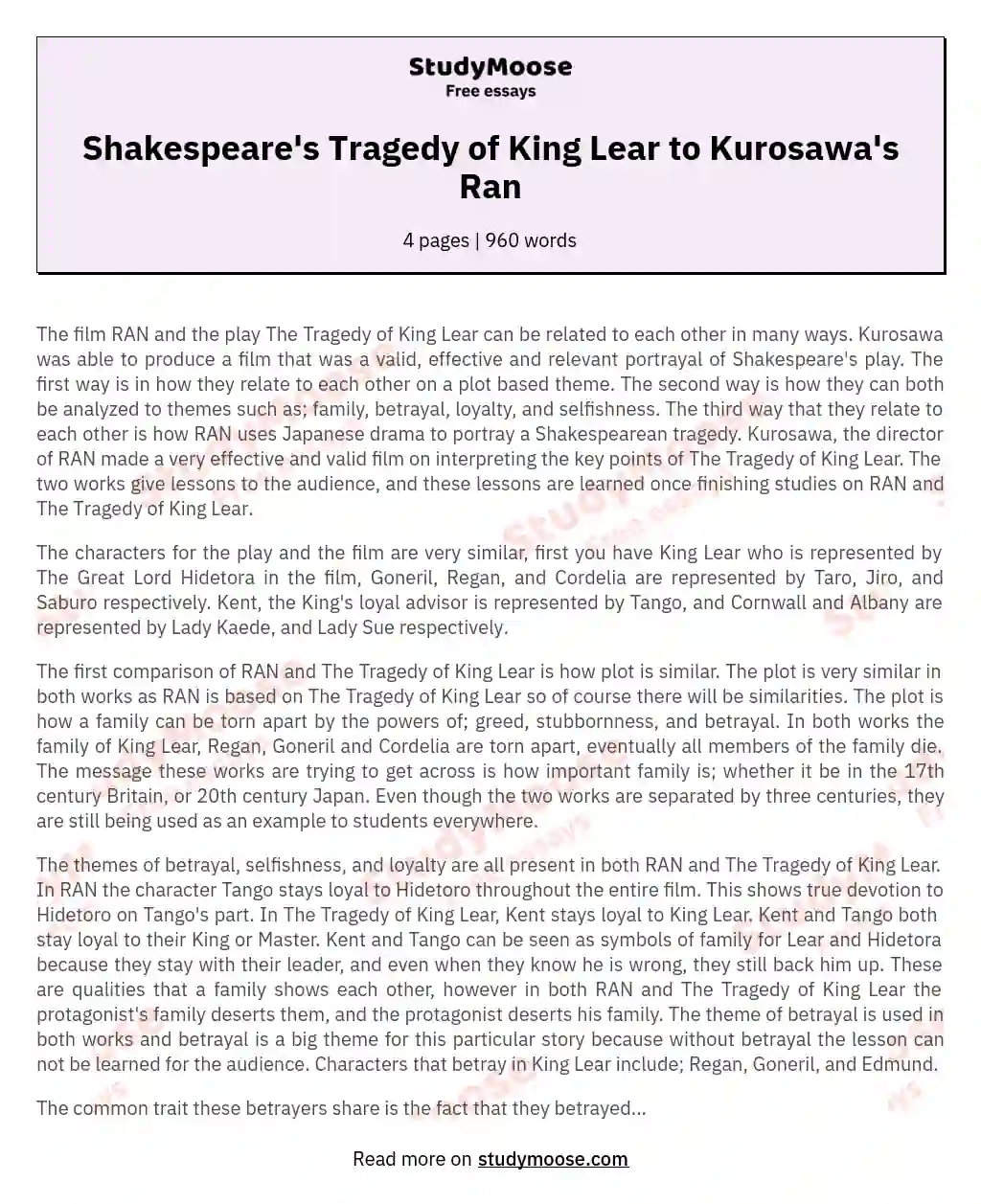 Shakespeare's Tragedy of King Lear to Kurosawa's Ran