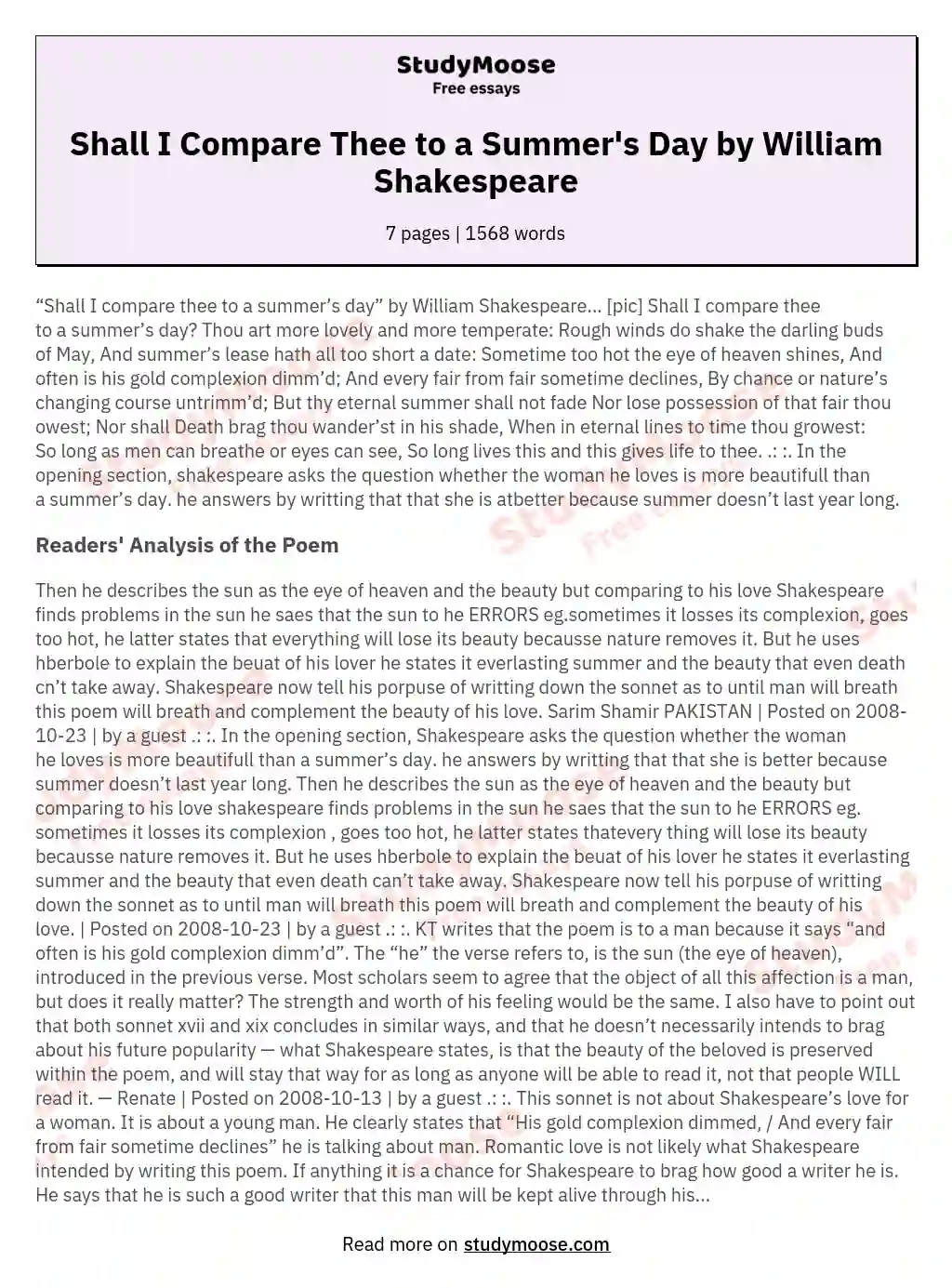 Shall I Compare Thee to a Summer's Day by William Shakespeare essay