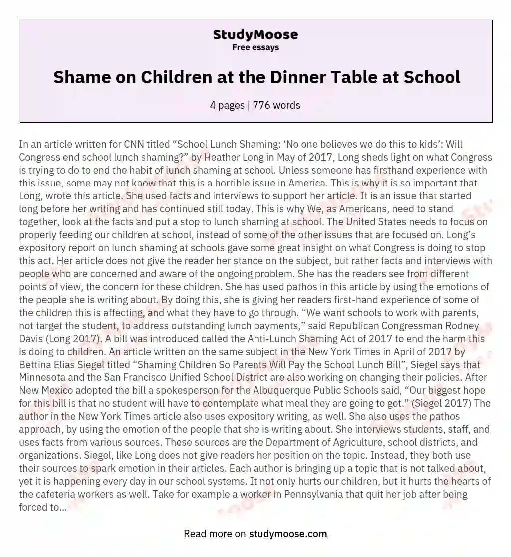 Shame on Children at the Dinner Table at School