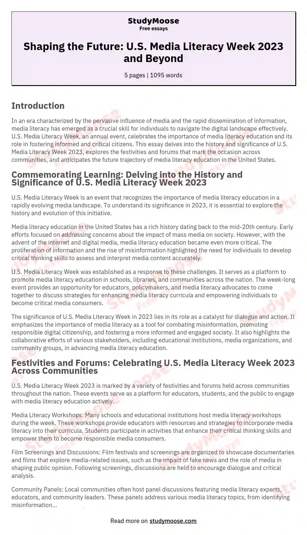 Shaping the Future: U.S. Media Literacy Week 2023 and Beyond essay